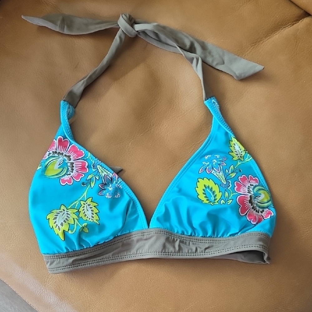 Athleta Turquoise Floral Halter Bikini Top with Brown Ties